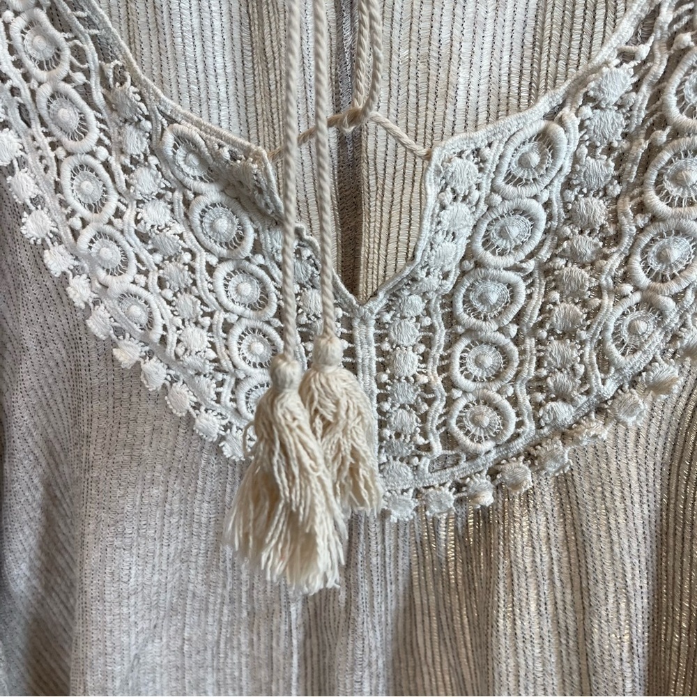 Bh:  eri + ali Anthropologie Women's Beige Lace Boho Pullover Shirt Top Size L - Picture 4 of 7